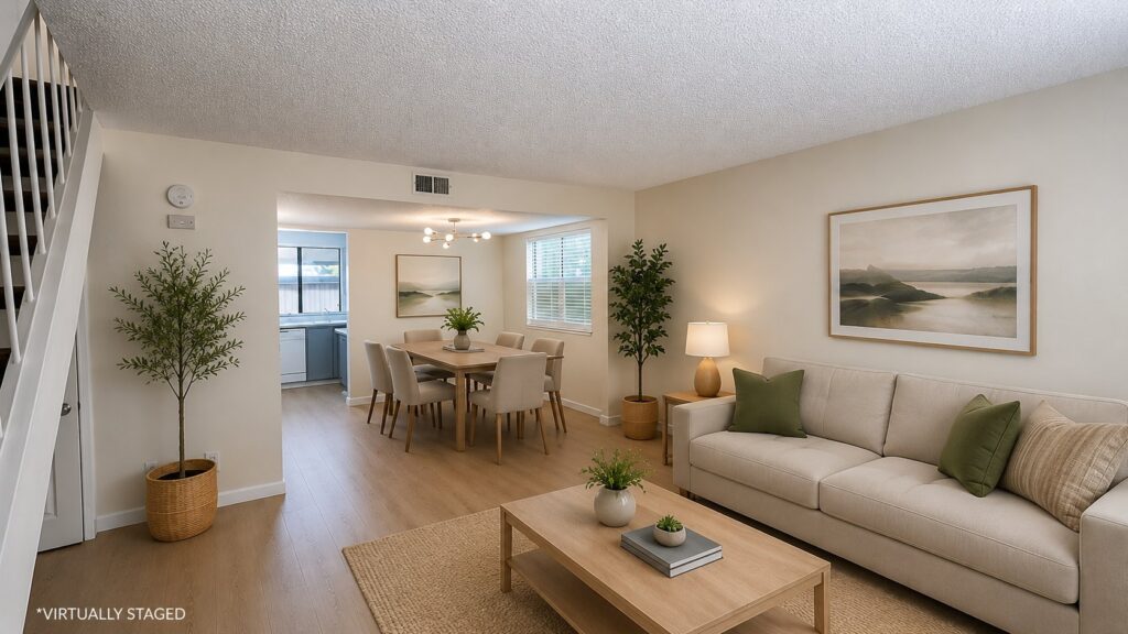Living and dining, virtually staged