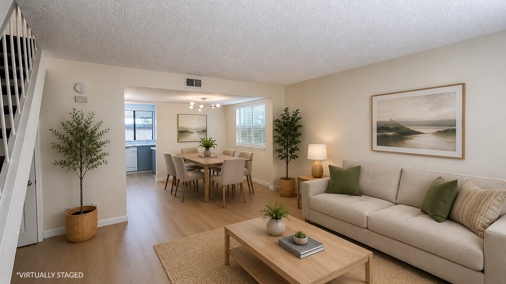 Living and dining, virtually staged